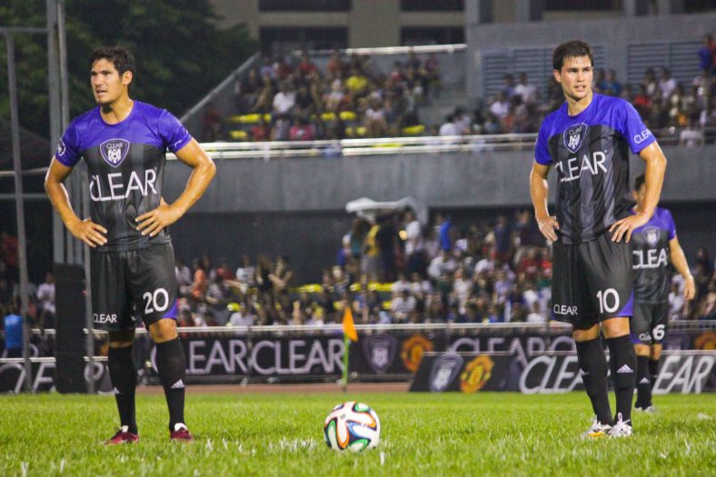 TEAM PHIL from left: Mark Hartmann and Phil Younghusband wait before the free kick. THE CLEAR DREAM MATCH was held at the sold out University of Makati Stadium last June 7, 2014. Photo by Jude Bautista