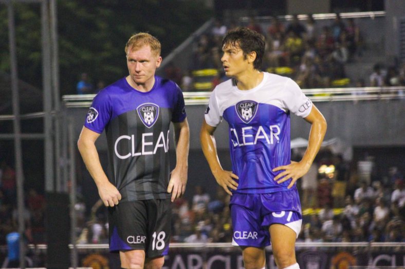 TEAM PHIL’s Paul Schole and TEAM JAMES’ Misagh Bahadoran. THE CLEAR DREAM MATCH was held at the sold out University of Makati Stadium last June 7, 2014. Photo by Jude Bautista