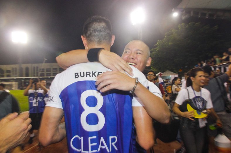 DJ Toni Tone of Boy’s Night Out hugs Nate Burkey. THE CLEAR DREAM MATCH was held at the sold out University of Makati Stadium last June 7, 2014. Photo by Jude Bautista