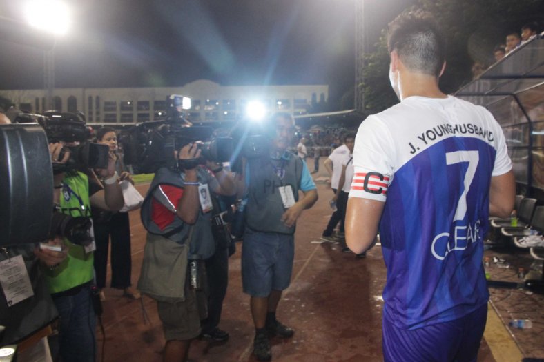 James Younghusband is hounded by the media. THE CLEAR DREAM MATCH was held at the sold out University of Makati Stadium last June 7, 2014. Photo by Jude Bautista 